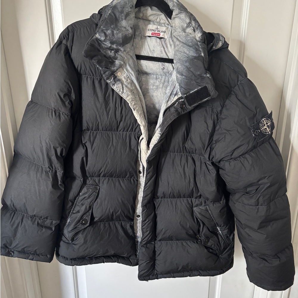 Supreme/ Stone Island Painted Camo Crinkle Black Puffer Down Jacket